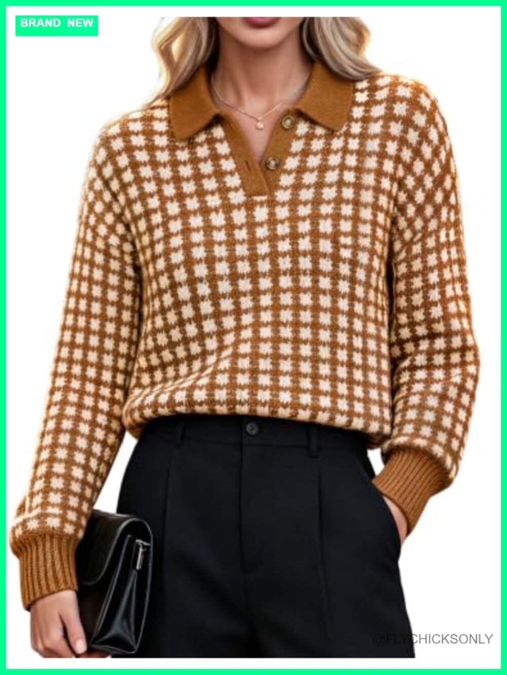 V Neck Polo Knit Sweater Long Sleeve Checkered Pullover